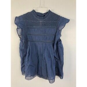 Anthropologie Love Sam Kaylee Ruffle Lightweight Blue Blouse Crochet XS